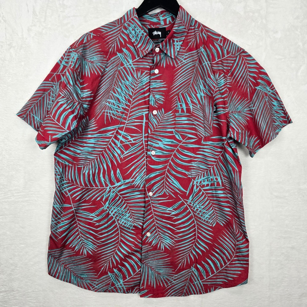 Stussy Mens Red Teal Palm Leaf Tropical Short Sleeve Button Down Shirt 111797 L